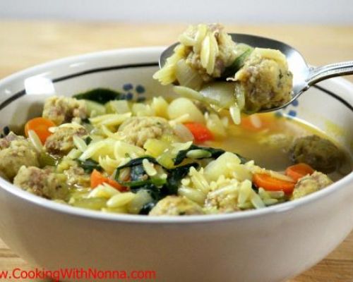 Spinach Soup with Sausage Meatballs and Orzo Pasta